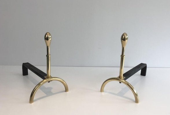 French Neo-Classical Style Brass and Iron Andirons, 1970s, Set of 2-BA-658287