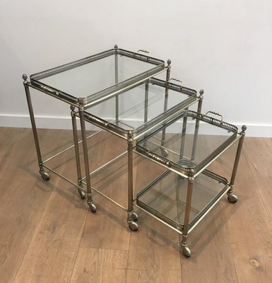 French Neo-Classical Style Silvered Brass Nesting Tablers on Casters from Maison Bagués, 1940s, Set of 3-BA-658341