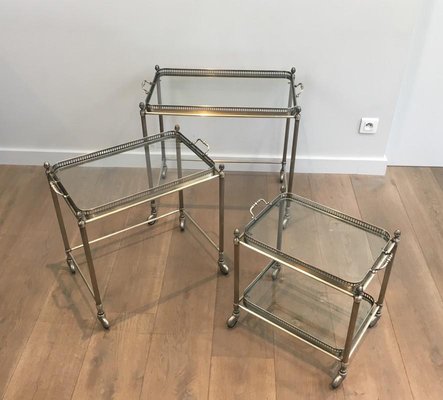 French Neo-Classical Style Silvered Brass Nesting Tablers on Casters from Maison Bagués, 1940s, Set of 3-BA-658341