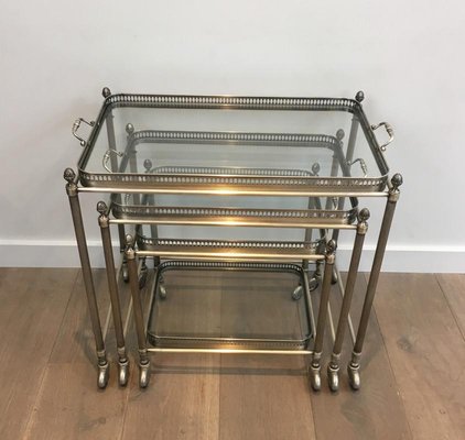 French Neo-Classical Style Silvered Brass Nesting Tablers on Casters from Maison Bagués, 1940s, Set of 3-BA-658341