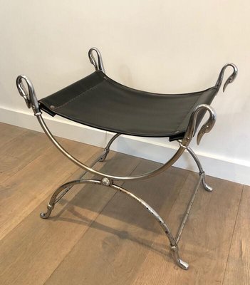 French Neoclassical Style Silvered Steel Curule Stool with Swan Heads from Maison Jansen, 1940s-BA-778493