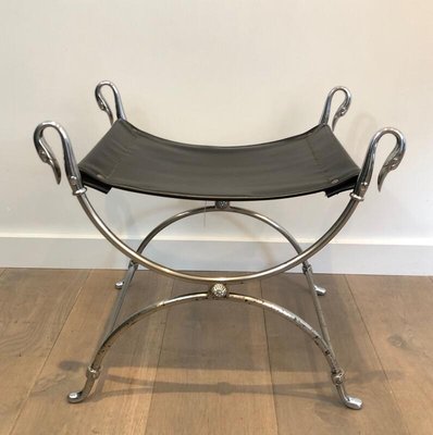 French Neoclassical Style Silvered Steel Curule Stool with Swan Heads from Maison Jansen, 1940s-BA-778493