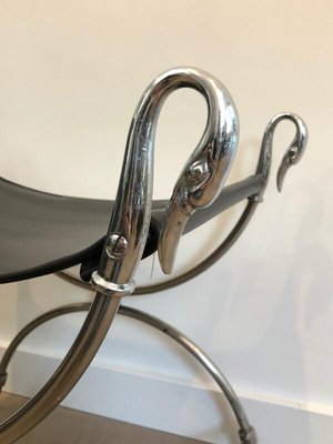 French Neoclassical Style Silvered Steel Curule Stool with Swan Heads from Maison Jansen, 1940s-BA-778493