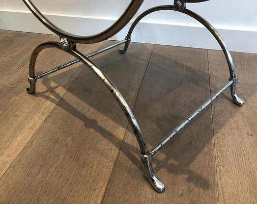 French Neoclassical Style Silvered Steel Curule Stool with Swan Heads from Maison Jansen, 1940s-BA-778493