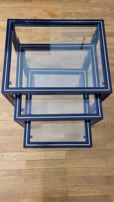 French Nesting Tables in Blue Lacquered Metal with Glass Tops by Pierre Vandel, 1970s, Set of 3-QCI-1816169