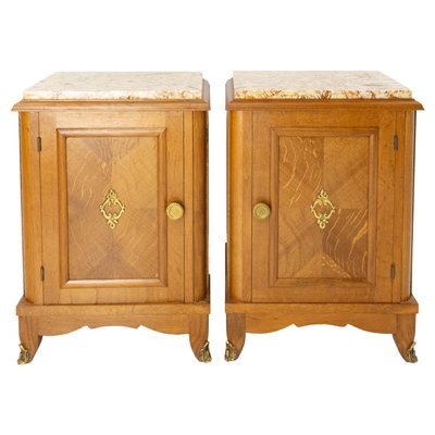 French Nightstands in Oak with Marble Tops, 1960s, Set of 2-RIU-1384742