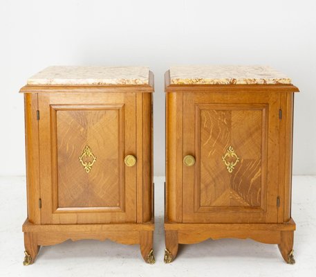 French Nightstands in Oak with Marble Tops, 1960s, Set of 2-RIU-1384742