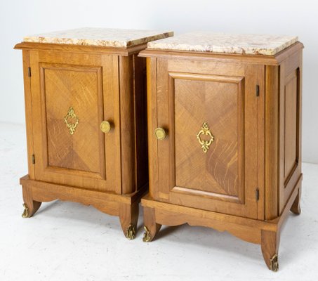 French Nightstands in Oak with Marble Tops, 1960s, Set of 2-RIU-1384742