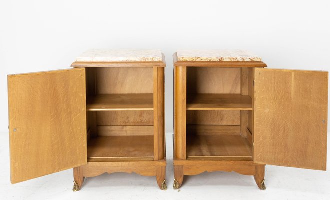 French Nightstands in Oak with Marble Tops, 1960s, Set of 2-RIU-1384742