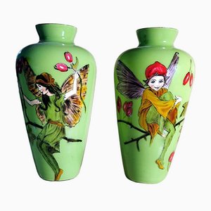 French Opaline Green Glass Jars with Hand Painted Sprites, Set of 2-QRS-1067522