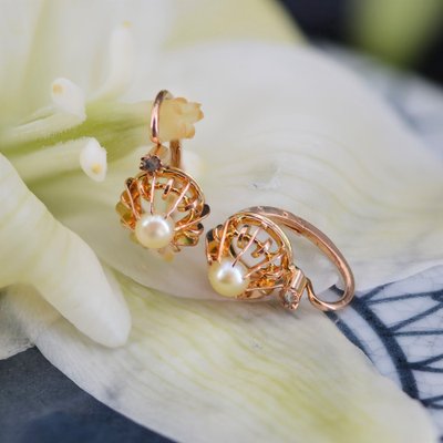 French Pearl & Diamonds with 18 Karat Rose Gold Lever Back Earrings, 1900s, Set of 2-OLU-1321128