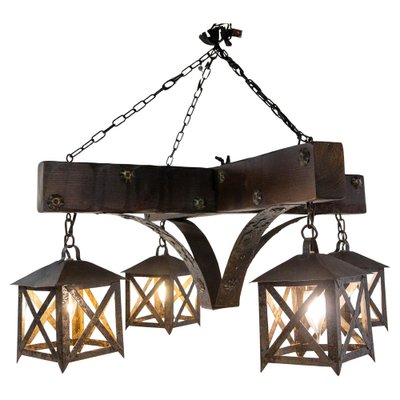 French Pendant in Oak ans Wrought Iron, 1960-RIU-2031655