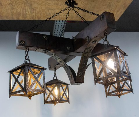 French Pendant in Oak ans Wrought Iron, 1960-RIU-2031655