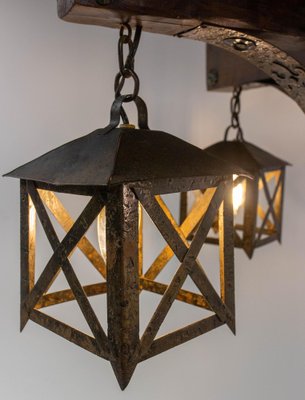 French Pendant in Oak ans Wrought Iron, 1960-RIU-2031655