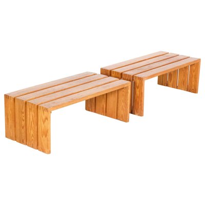 French Pine Wood Benches, 1960s, Set of 2-QT-1263468