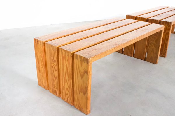 French Pine Wood Benches, 1960s, Set of 2-QT-1263468