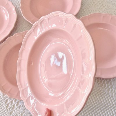 French Plates in Pink Earthenware from Salins, 1950s, Set of 6-SHG-2031476