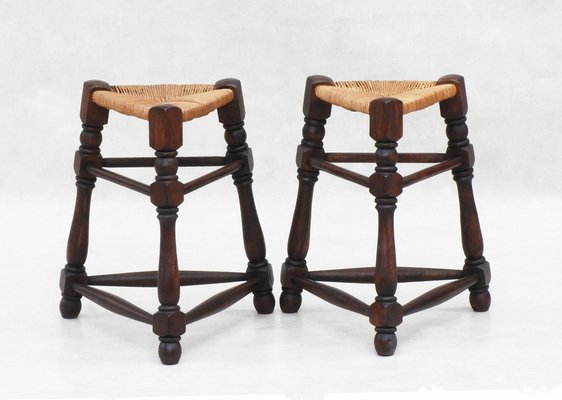 French Provincial Triangular Rush Seat Tabouret Stools, 1950s, Set of 2-JUA-1766307