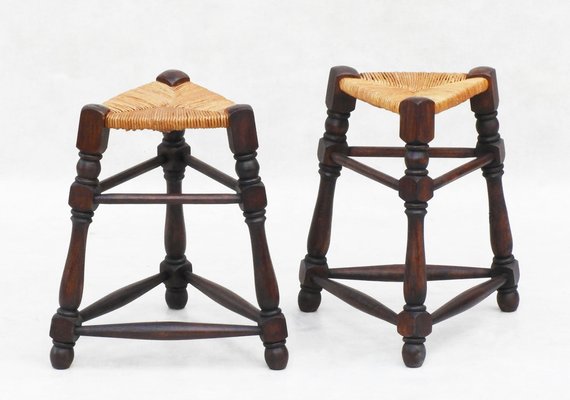 French Provincial Triangular Rush Seat Tabouret Stools, 1950s, Set of 2-JUA-1766307