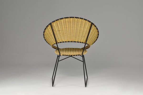 French Rattan Chair & Table with Magazine Rack Set by Raoul Guys, 1950s, Set of 2-GXL-1135349