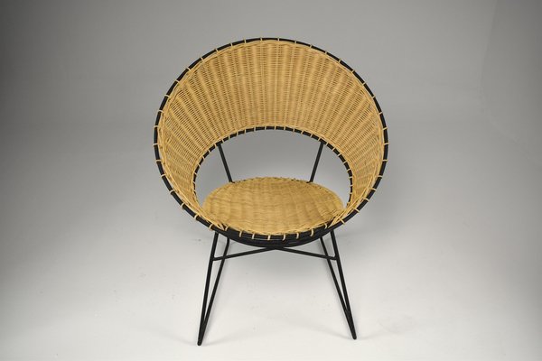 French Rattan Chair & Table with Magazine Rack Set by Raoul Guys, 1950s, Set of 2-GXL-1135349