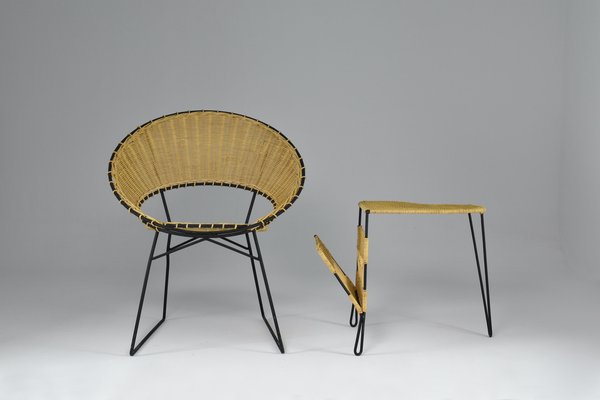 French Rattan Chair & Table with Magazine Rack Set by Raoul Guys, 1950s, Set of 2-GXL-1135349