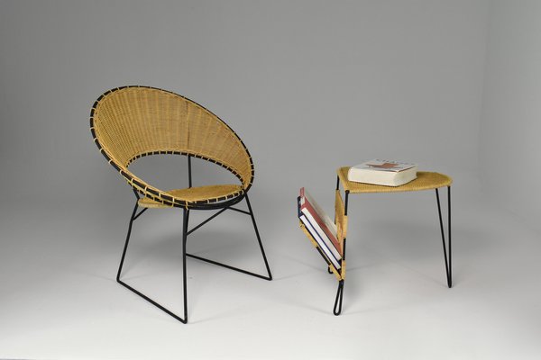 French Rattan Chair & Table with Magazine Rack Set by Raoul Guys, 1950s, Set of 2-GXL-1135349