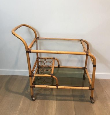 French Rattan Drinks Trolley with Leather Links, 1950s-BA-658428