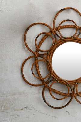 French Riviera Flower Rattan Sunburst Mirror, 1960s-MNF-2015957