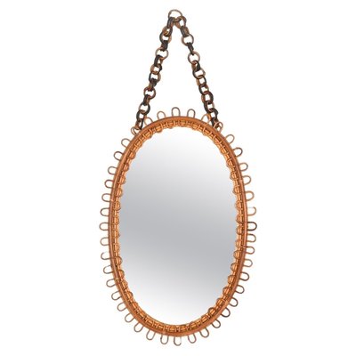 French Riviera Oval Curved Rattan and Bamboo Mirror with Chain, Italy, 1960s-JDR-2034365