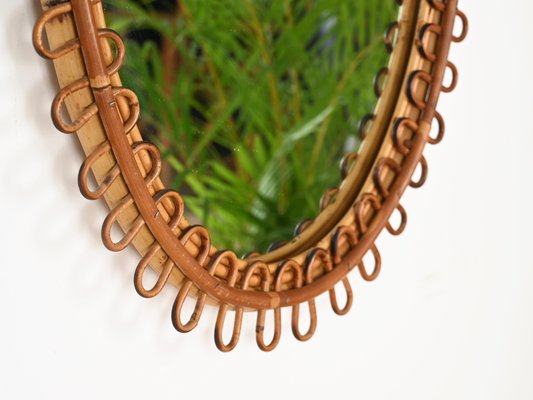 French Riviera Oval Curved Rattan and Bamboo Mirror with Chain, Italy, 1960s-JDR-2034365