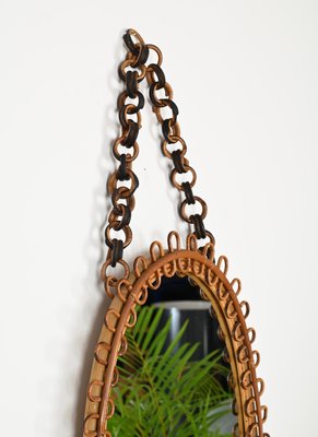 French Riviera Oval Curved Rattan and Bamboo Mirror with Chain, Italy, 1960s-JDR-2034365