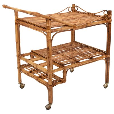 French Riviera Rectangular Bamboo and Rattan Trolley Bar Cart, France, 1960s-JDR-1126102