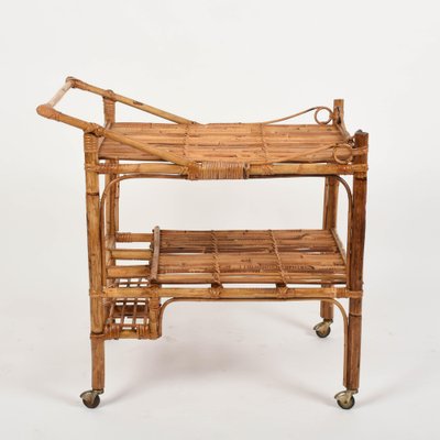 French Riviera Rectangular Bamboo and Rattan Trolley Bar Cart, France, 1960s-JDR-1126102