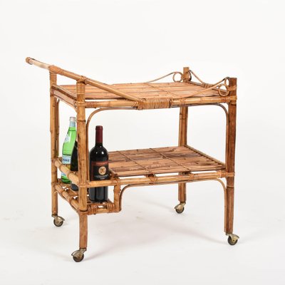 French Riviera Rectangular Bamboo and Rattan Trolley Bar Cart, France, 1960s-JDR-1126102