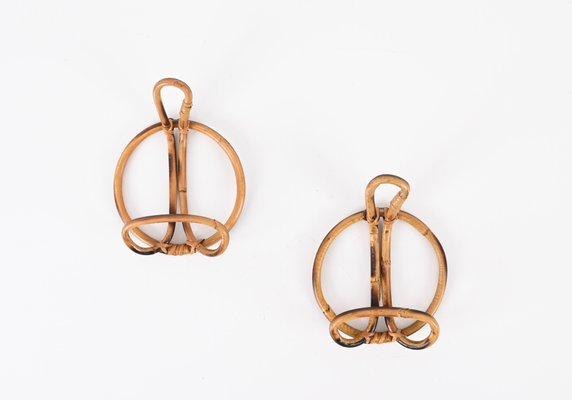 French Riviera Round Coat Hooks in Rattan and Wicker, Italy, 1960s, Set of 2-JDR-1798570