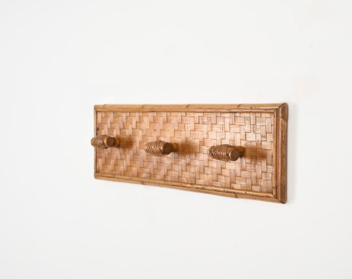 French Riviera Three Hook Coat Rack in Wicker, Rattan and Bamboo, Italy, 1960s-JDR-1817225