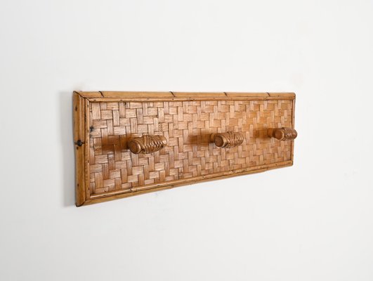 French Riviera Three Hook Coat Rack in Wicker, Rattan and Bamboo, Italy, 1960s-JDR-1817225