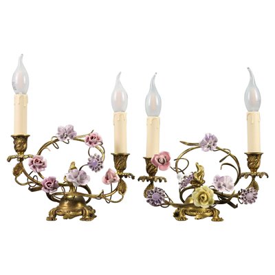 French Rococo Gilt Bronze and Porcelain Flowers Table Lamps, 1950s, Set of 2-KEG-1385077