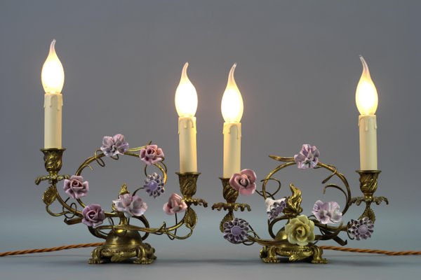 French Rococo Gilt Bronze and Porcelain Flowers Table Lamps, 1950s, Set of 2-KEG-1385077