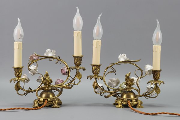 French Rococo Gilt Bronze and Porcelain Flowers Table Lamps, 1950s, Set of 2-KEG-1385077