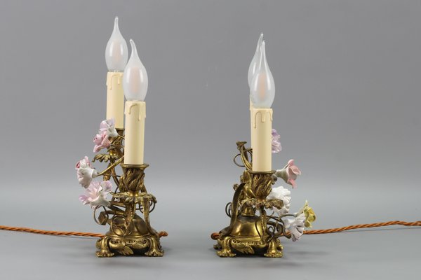 French Rococo Gilt Bronze and Porcelain Flowers Table Lamps, 1950s, Set of 2-KEG-1385077