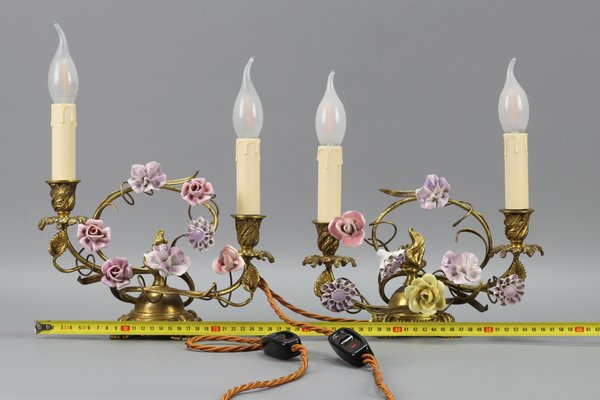 French Rococo Gilt Bronze and Porcelain Flowers Table Lamps, 1950s, Set of 2-KEG-1385077