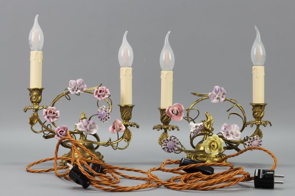 French Rococo Gilt Bronze and Porcelain Flowers Table Lamps, 1950s, Set of 2-KEG-1385077