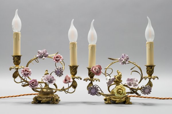 French Rococo Gilt Bronze and Porcelain Flowers Table Lamps, 1950s, Set of 2-KEG-1385077