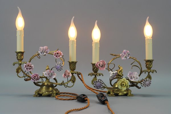 French Rococo Gilt Bronze and Porcelain Flowers Table Lamps, 1950s, Set of 2-KEG-1385077