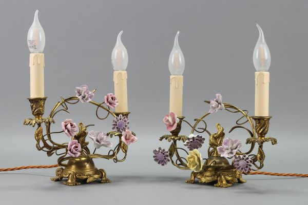 French Rococo Gilt Bronze and Porcelain Flowers Table Lamps, 1950s, Set of 2-KEG-1385077