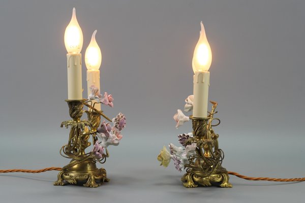 French Rococo Gilt Bronze and Porcelain Flowers Table Lamps, 1950s, Set of 2-KEG-1385077