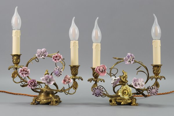 French Rococo Gilt Bronze and Porcelain Flowers Table Lamps, 1950s, Set of 2-KEG-1385077