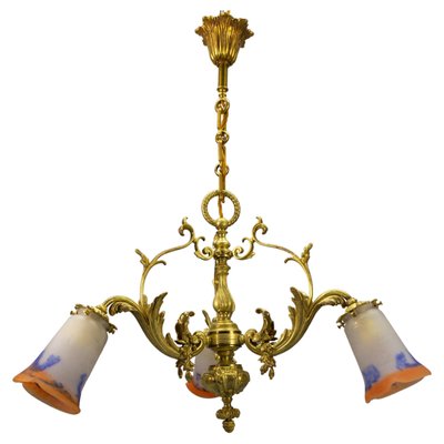 French Rococo Style Bronze and Noverdy Glass Three-Light Chandelier, 1920-KEG-1734560